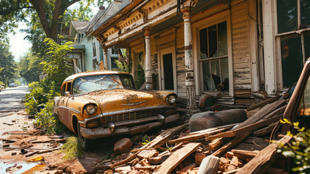 Abandoned car in the old town near wooden house.の素材