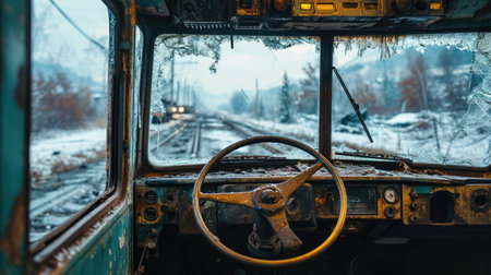 Old car interior with a steering wheel and a railroad track in the background.の素材
