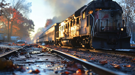 Train on the tracks in the autumn forest. Steam locomotive.の素材