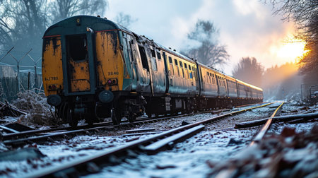 Damaged train moves along the railway tracks in the winter at sunset.の素材