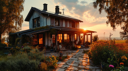 Old wooden house in the garden at sunset. Beautiful summer landscape.の素材