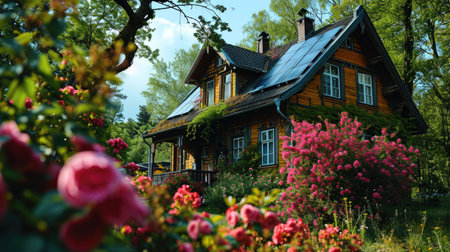 Beautiful wooden house in the garden. Beautiful summer landscape with flowers.の素材
