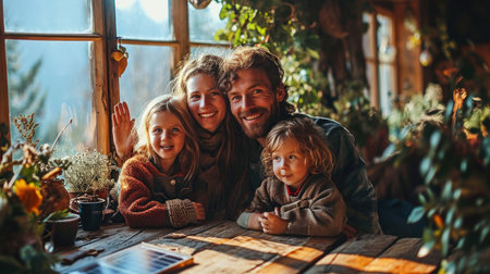 Happy family with two kids in a cozy home interior. The concept of a happy family.の素材
