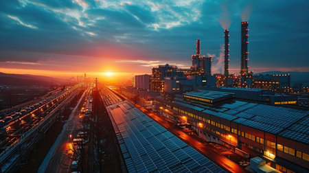 Industrial landscape with power station and high-rise buildings at sunsetの素材