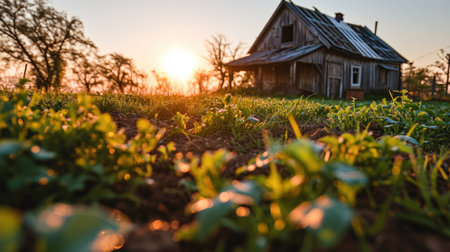 Abandoned house in the meadow at sunset. Beautiful rural landscape.の素材