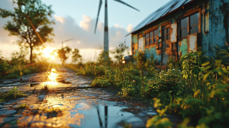 Sunset in the village with windmills on the background.の素材