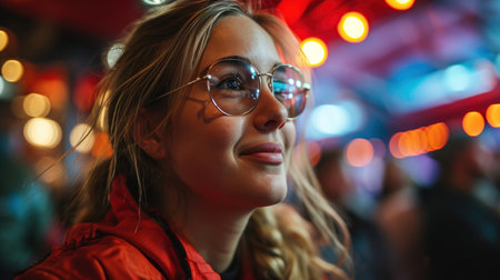 Portrait of a beautiful young woman in a red jacket and glasses looking at screen.の素材