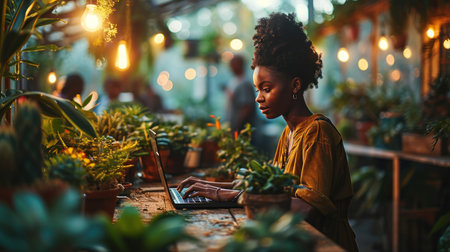 Beautiful african american woman working with laptop in the garden.の素材