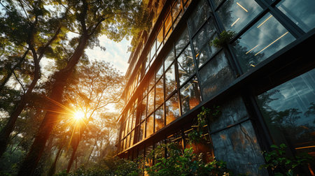 Sunset in the forest and modern building with glass wall and treesの素材