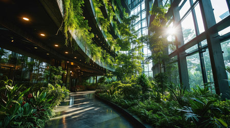 Interior of a modern building with green plants and sunlight in the backgroundの素材