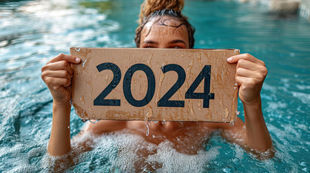 Happy young woman in a swimming pool holding a sign with the number 2024の素材