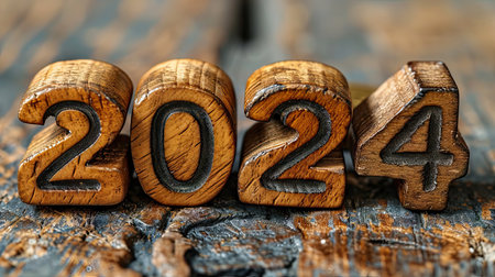 Happy New Year 2024. Wooden figures on rustic wooden background.の素材