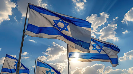 Israel flag waving in the wind against blue sky with sun rays.の素材