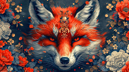 Red fox with floral ornament on dark grunge background. Digital painting.の素材