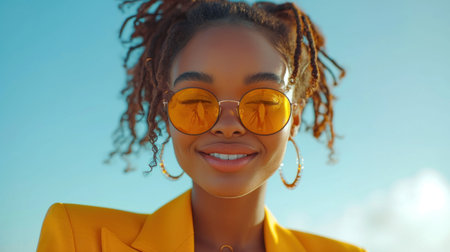 Close up portrait of young african american woman in yellow jacket and sunglassesの素材