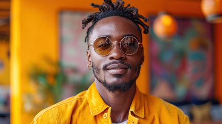 Portrait of handsome african american man with dreadlocks in yellow shirt and sunglassesの素材