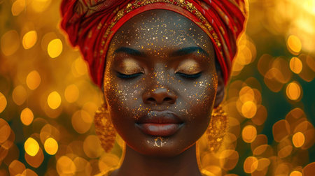 Close-up portrait of a beautiful african woman with golden glitter on her faceの素材