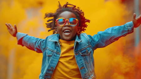 Joyful african american kid in sunglasses and denim jacket having fun outdoors.の素材