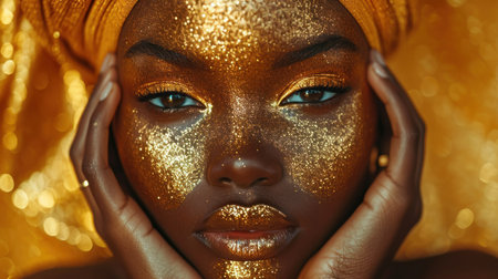 Close-up portrait of a beautiful african-american woman with gold skin. Beauty, fashion.の素材