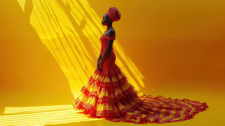 African woman in a red dress on a yellow background with shadows.の素材