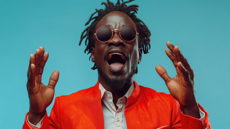 Amazed african american man in red jacket and sunglasses on blue backgroundの素材