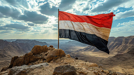 Flag of the Republic of Yemen waving in the wind at sunset.の素材