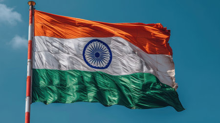 Flag of India waving in the wind against blue sky.の素材