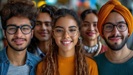 Portrait of smiling indian teenager group of young people standing together.の素材