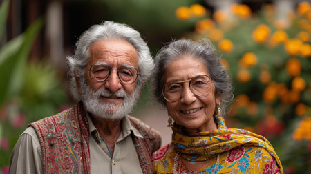 Portrait of a happy elderly indian couple smiling at the camera, outdoors.の素材