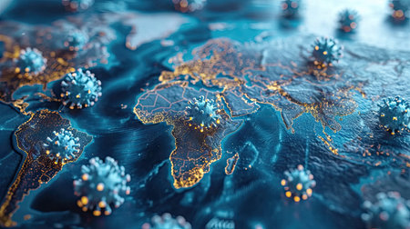 Illustration of X virus cells over world map. X disease outbreak conceptの素材
