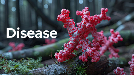 Disease X concept. Red virus in the forest.の素材