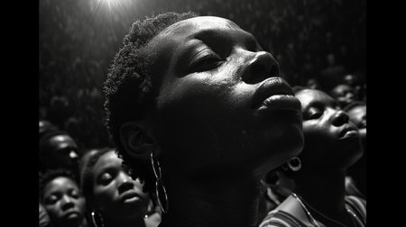Group of beautiful african american women in the spotlight. Black and white.の素材