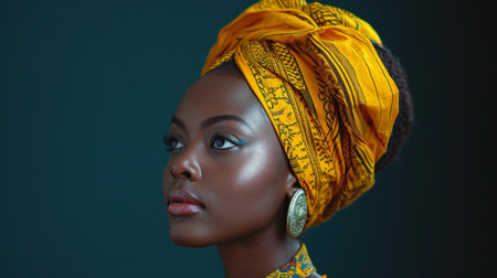 Beautiful african woman with yellow headscarf on dark backgroundの素材
