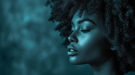 Beauty portrait of african american woman with afro hairstyle in blue light.の素材