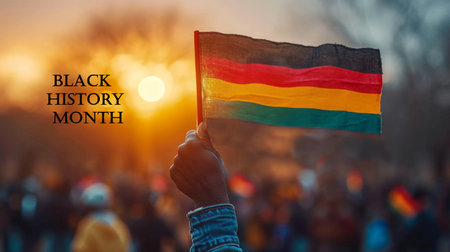 African hands holding the flag of Black History Month against the background of the sunsetの素材