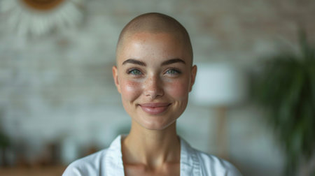 Portrait of a beautiful young bald woman smiling and looking at the cameraの素材