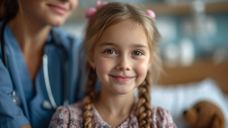 Portrait of smiling little girl with doctor and stethoscope at pediatrician officeの素材