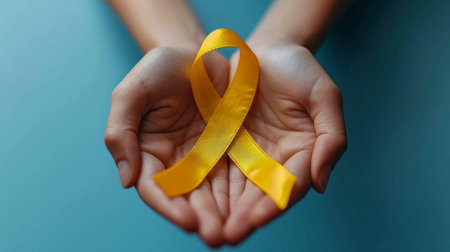 Healthcare, charity and medicine concept - close up holding yellow gold childhood cancer awareness ribbon.の素材