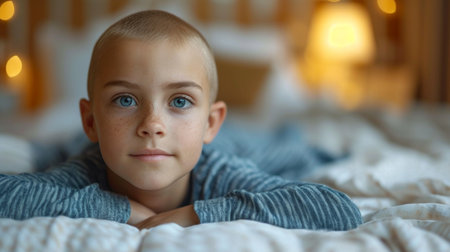 Portrait of a little boy with blue eyes and short hair lying on the bed. Childhood cancer awareness concept.の素材