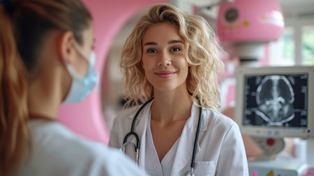 Portrait of smiling female doctor and patient discussing x-ray in hospital.の素材