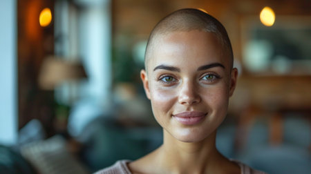 Portrait of beautiful young bald woman smiling and looking at camera in cafeの素材