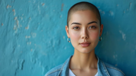 Close up portrait of a beautiful young woman with short hair against blue wallの素材
