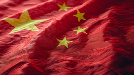 Closeup of China flag blowing in the wind. Natural background.の素材