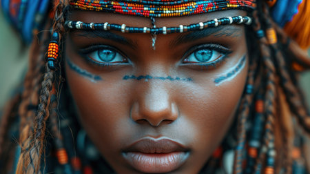 Close up portrait of a beautiful African woman with braids and black makeup.の素材