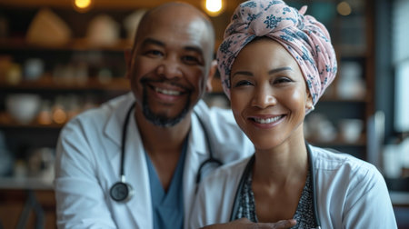 Portrait of smiling african american male doctor and female patient in cafeの素材