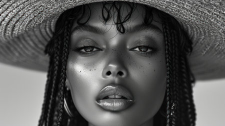Beautiful african american woman in hat. Portrait of young black woman with afro dreadlocks.の素材