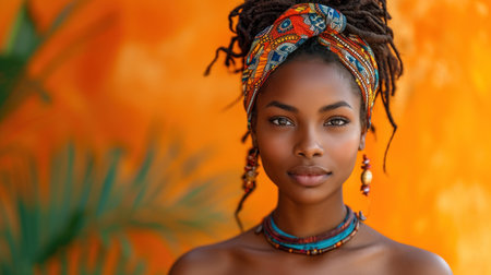 Portrait of a beautiful african woman with dreadlocks on a orange backgroundの素材