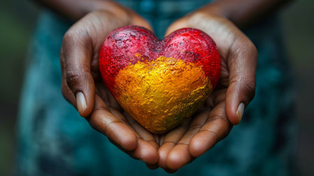 Female hands holding a heart-shaped object in the shape of a rainbowの素材