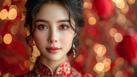 Portrait of a beautiful young woman in a red Chinese dress.の素材