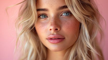 Close up portrait of beautiful young woman with freckles on faceの素材